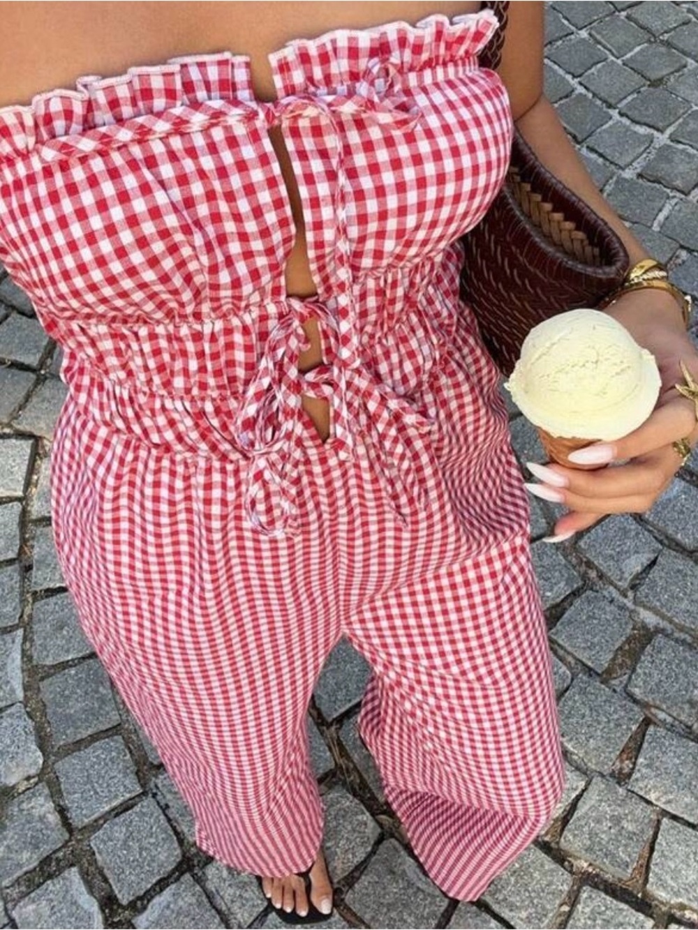Red Gingham Strapless Jumpsuit - Smocked Waist
